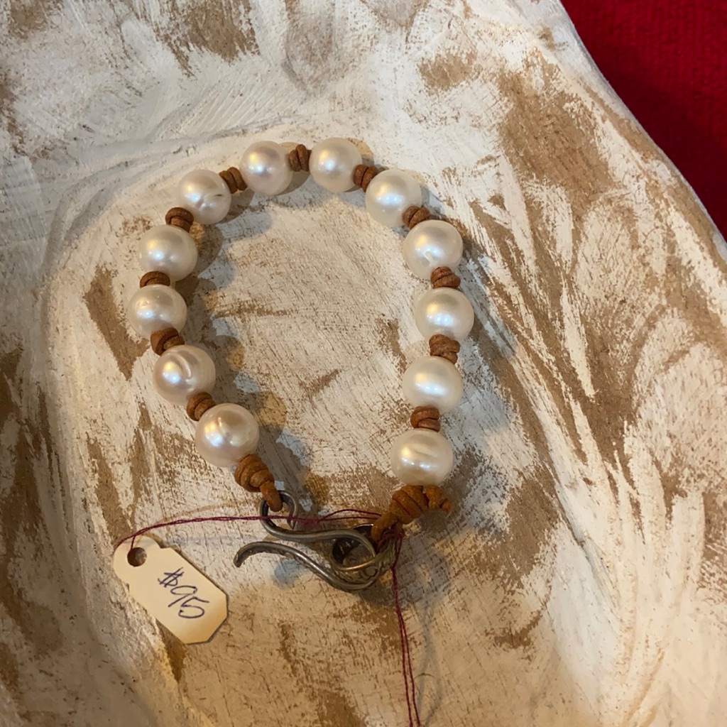 Pearl And Leather Cord Bracelet With Sterling Etched Toggle